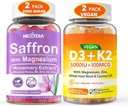 2Pack Saffron Supplementi Gummies + 2Pack Vegan Vitamin D3 5000IU K2 Gummies, Tutta la miscela alimentare, olio di cocco, magnesio