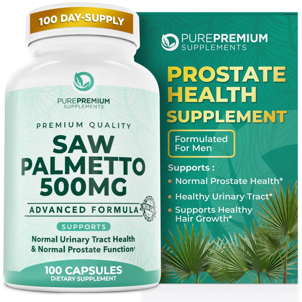 PurePremium Saw Palmetto 500 mg pour les hommes/femmes – Maximum de force Saw Palmetto Extrant de poudre Supplément de poudre - Soutien normal de l'urine Tract, Prostate Health/Hair - 3 mois d'approvisionnement - 100 Comprimés