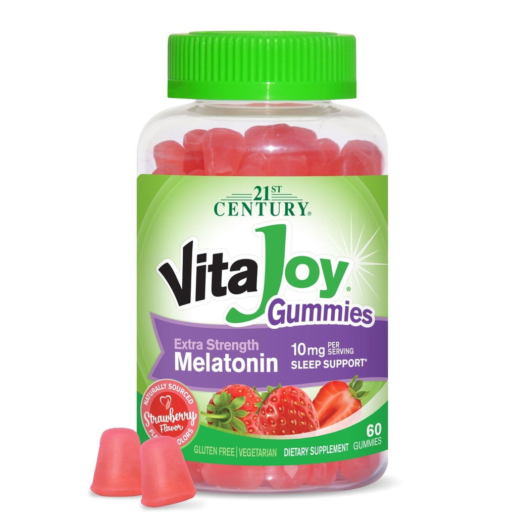 21st Century Healthcare VitaJoy Extra Strength Melatonin 10 mg Gummies, Fragola, 60 conte, Rosso, 0.43 sterline, (Pack of 1)