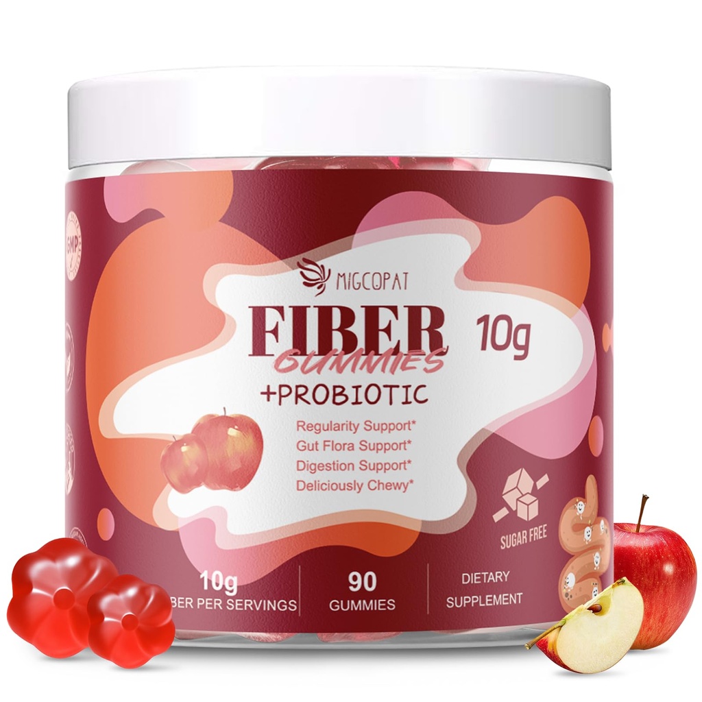 Fibra Gummies con Probiotici, 10G Fibra per non servire zucchero Aggiunto mela Flavor, con 10 miliardi CFU Probiotics Blend, Aceto di sidro di mela, Vitamina C, Inulina, Bloating Support 90 Count