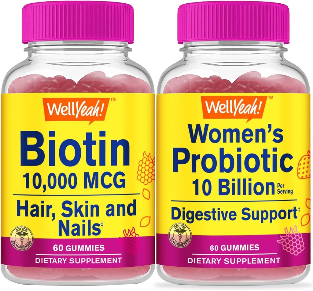 WellJa High Potency Biotin + Probiotics Frauen 10B CFU, Gummies Bundle - Große Verkostung, Vitamin-Ergänzung, Glutenfrei, GMO frei, Kaugummi