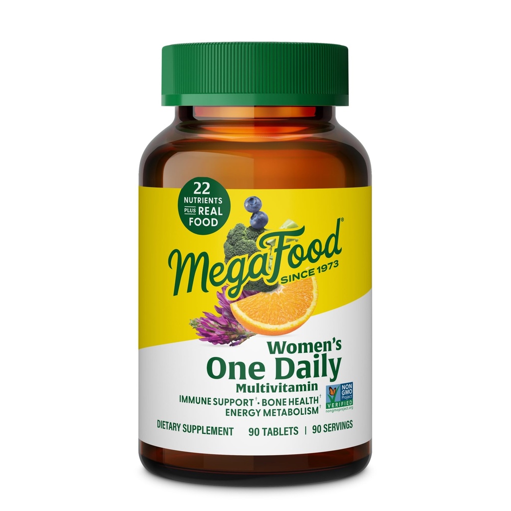 MegaFood Femmes Multivitamine Un jour - Multivitamine pour les femmes - Vitamine C, Vitamine D, Fer et B Vitamines - Os, Énergie Métabolisme et Immunissance - Végétarien, Sans gluten - 90 comprimés, 90 portions