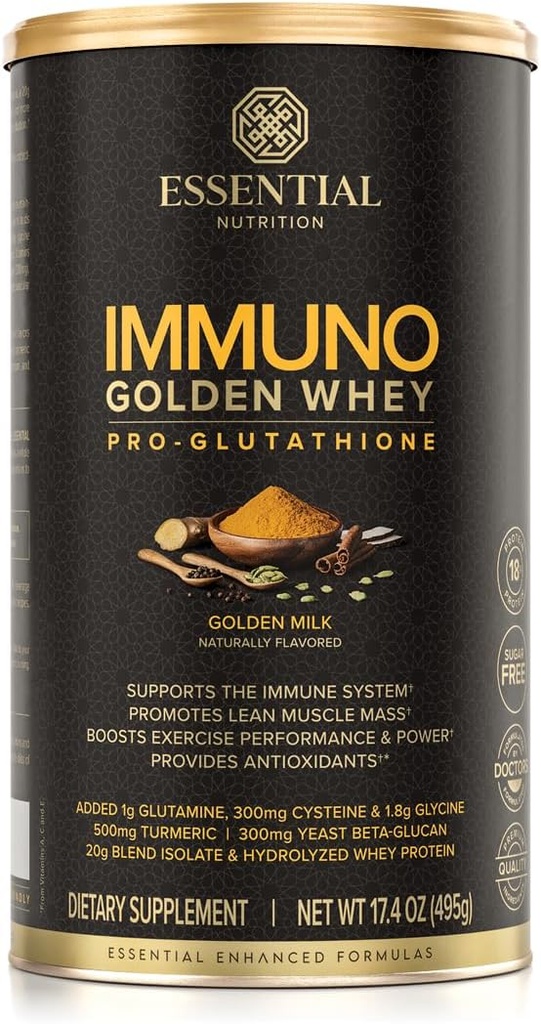 Nutrizione essenziale Immuno Whey - Polvere di proteine del siero idrolizzata, isolato di proteine del siero di siero di siero di siero di latte, proteine di 18g per porzione, aminoacidi, produzione di Glutathione - estratto di curcuma - Latte dorato - 17.4oz