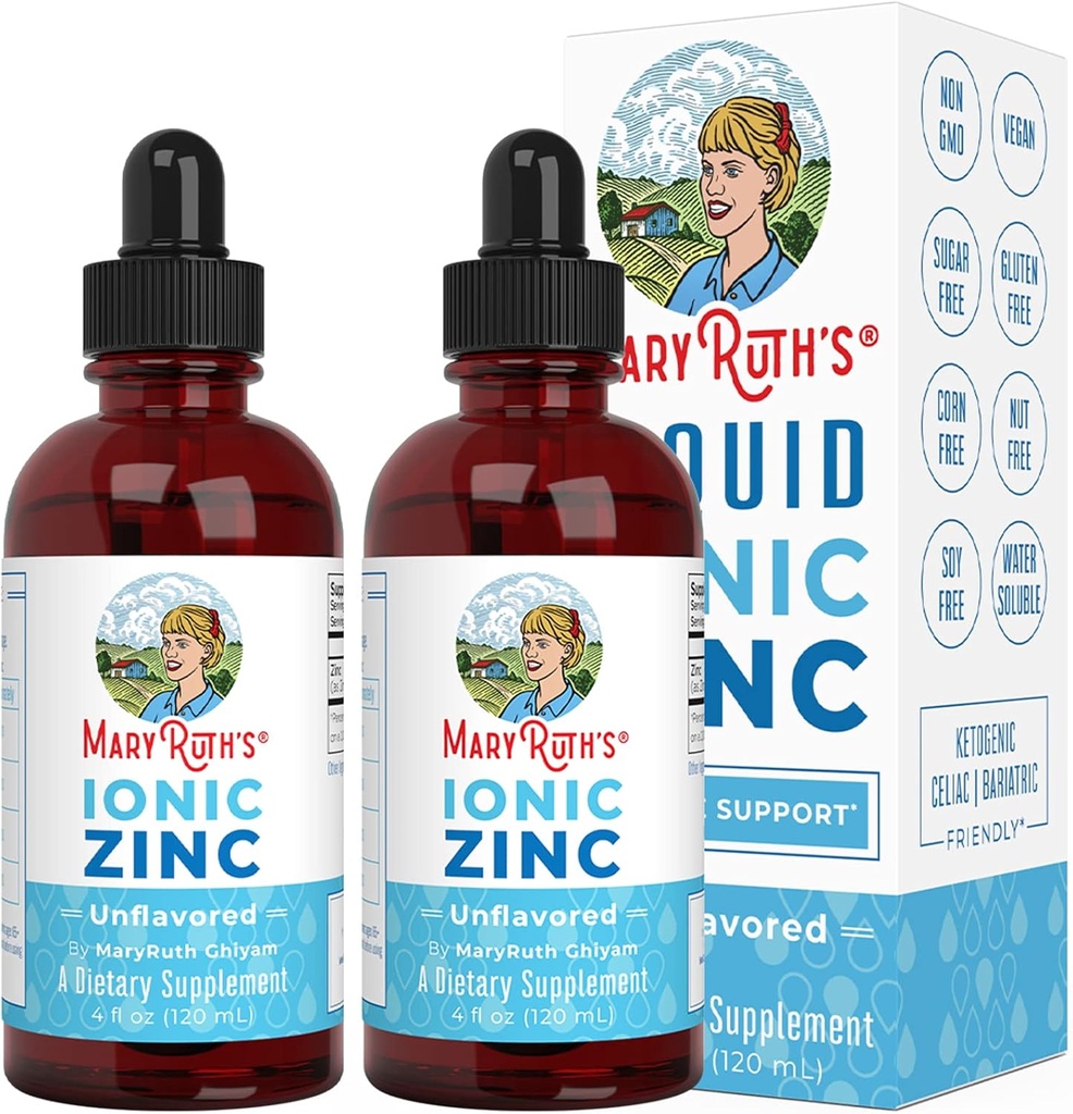 MaryRuth Organics, gouttes liquides de zinc ionique pour le support immunitaire 4oz non aromatisé.(120 ml) 2 Pack