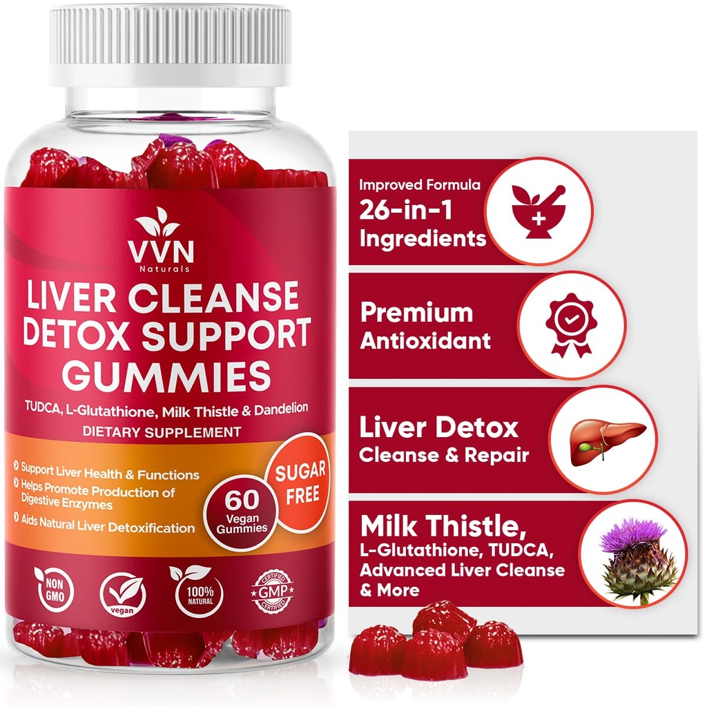 VVNaturals sans sucre 26-en-1 foie nettoyer la détox et réparer la formule de foie gras Gummies; 3000mg mélange de glutathion, silymarin chardon de lait, Choline, TUDCA