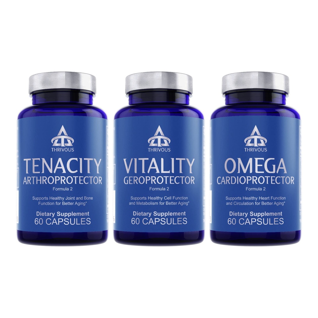 Stack Géroprotécteur Thrivous – Vitalité + Tenacity + Omega Longevity Bundle pour le soutien métabolique, articulaire et cardiaque – 180 Capsules Vegan
