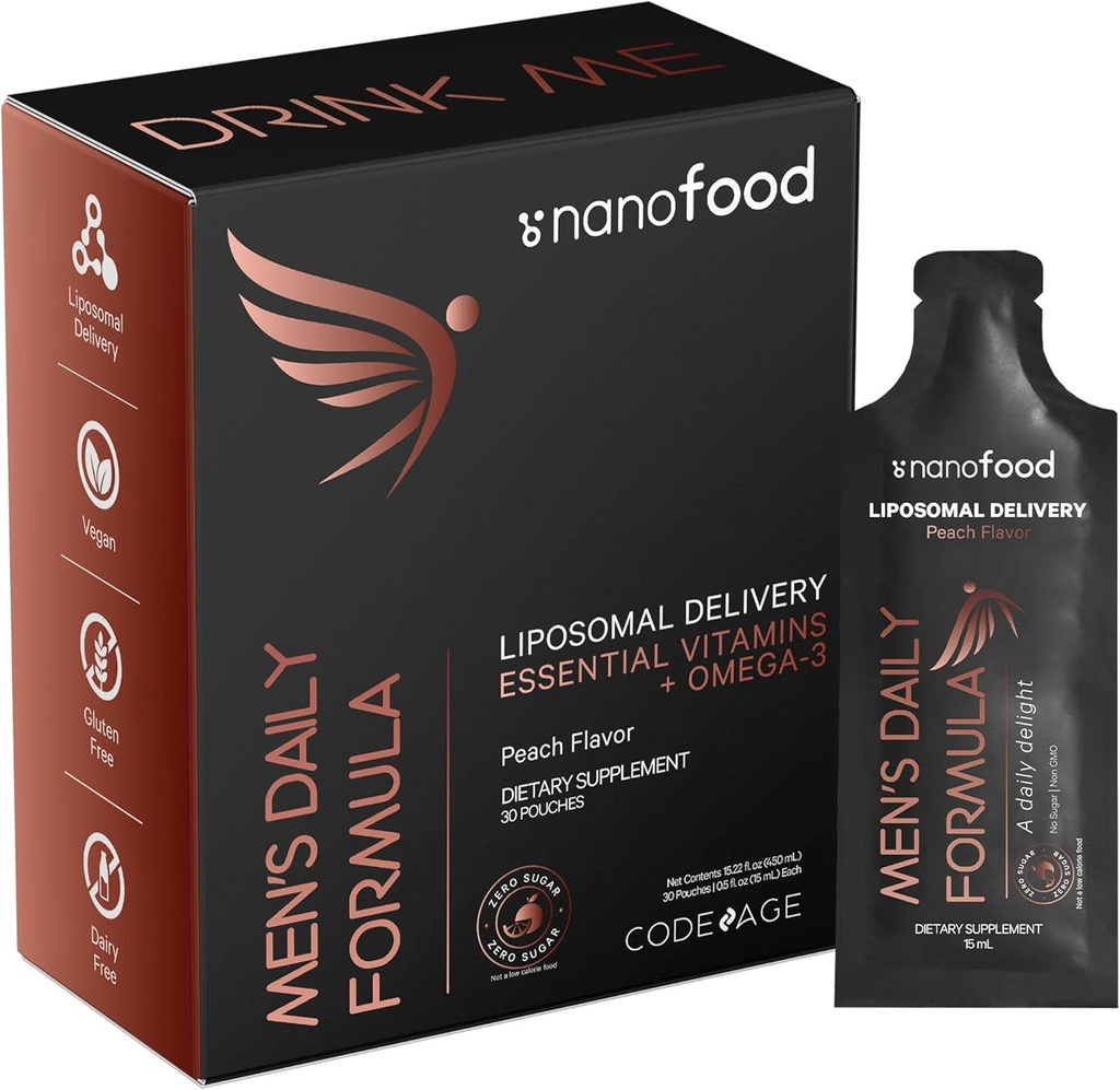 Codeage Daily Men Liquid Vitamins Supplemento - Liposomal Multivitamin A, B, C, D, E, Biotin, Omega-3 & Omega-9 - Folate, Niacin, BlackBerry, Vegan - Sugar-Free & Non-GMO - 30 Pouches