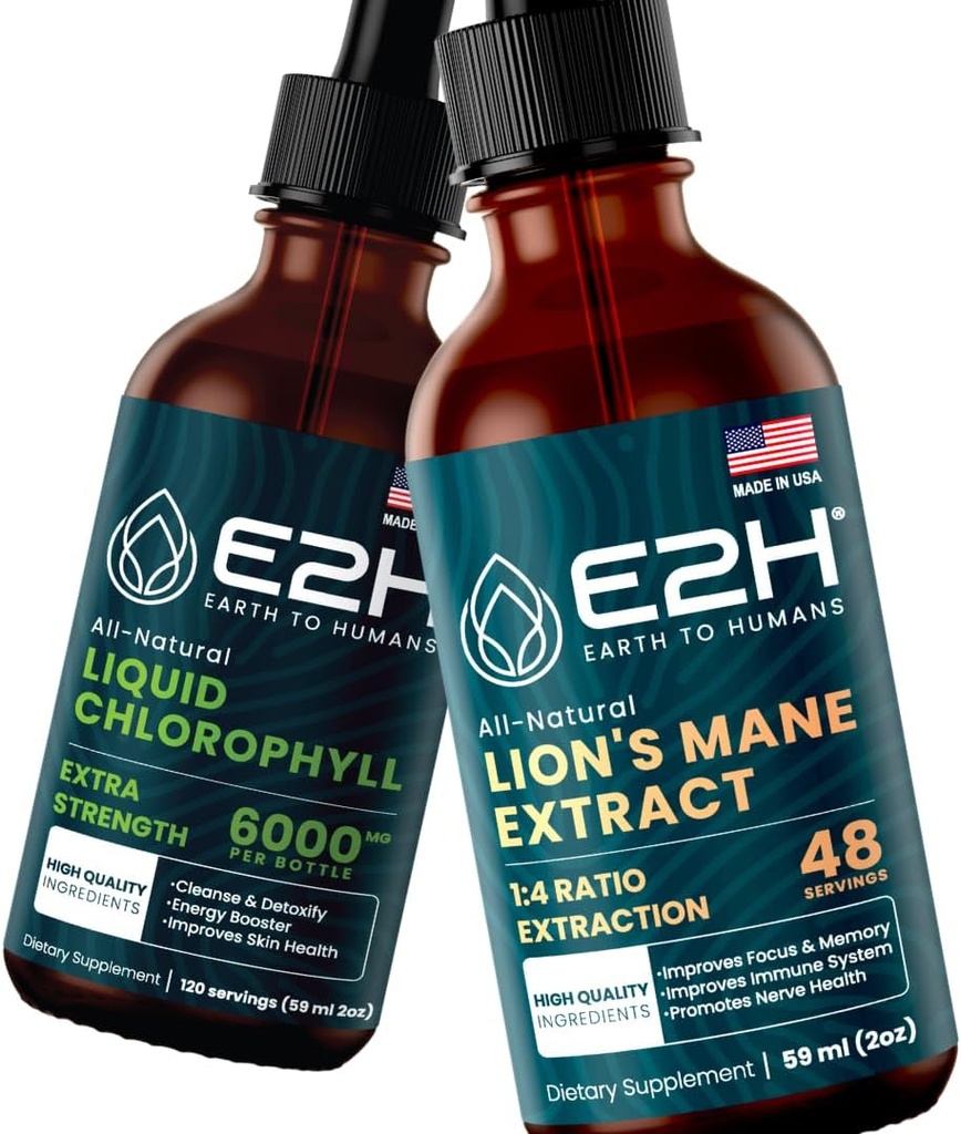 E2H: Liquid Chlorophyll e Lion's Mane Mushroom | Vegan, Non-GMO - 2 Fl Oz Ogni (4 Fl Oz Totale) - Bundle