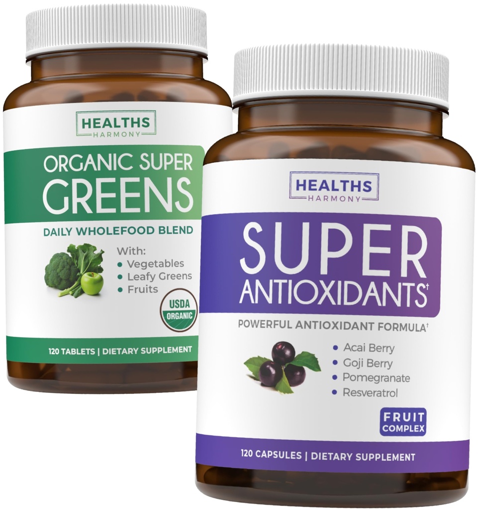 Super Greens & Antioxidants (2-Month Supply) Antioxidant Power Greens Bundle of Organic Super Greens Powder - Complete Superfood (120 Capsules) & Super Antioxidants - Powerful Superfood (120 Capsules)