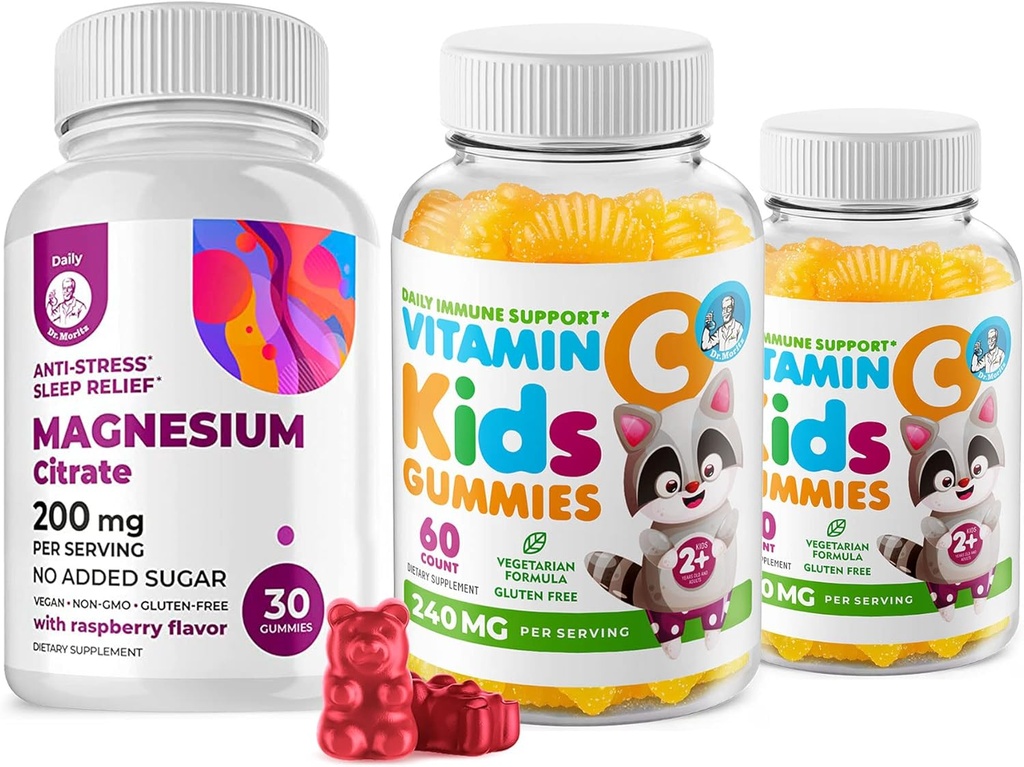 Vitamin C Gummis 120 Zählung für Kinder & Erwachsene 240 mg und Magnesium 200 mg Gummi - Immununterstützung Low-Sugar Chewable Gummy Vitamine für Kleinkinder mit Magnesium Calm Chews für Kinder & Erwachsene Sugar-Free