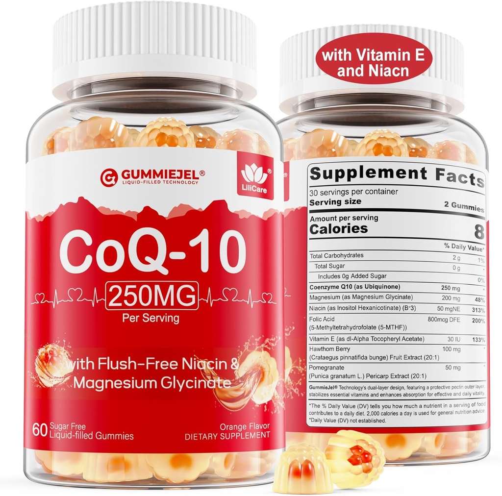 2 Pack - Sugar Free CoQ10 Filled Gummies 250MG, Coenzym Q10 w/Magnesium Glycinat, Niacin No-Flush Vitamin B3, E & Folic Acid, High Absorption CoQ10 für Hear-t, Cellular Energy & Antioxidant