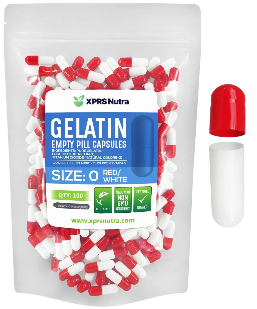XPRS Nutra Size 0 Capsule Vuote - 100 Conte Empty Gelatin Capsule - Pillola DIY Capsule Filling - Pure Bovine Pill Gel Caps per Do-It-Yourself Supplements (Red/White)