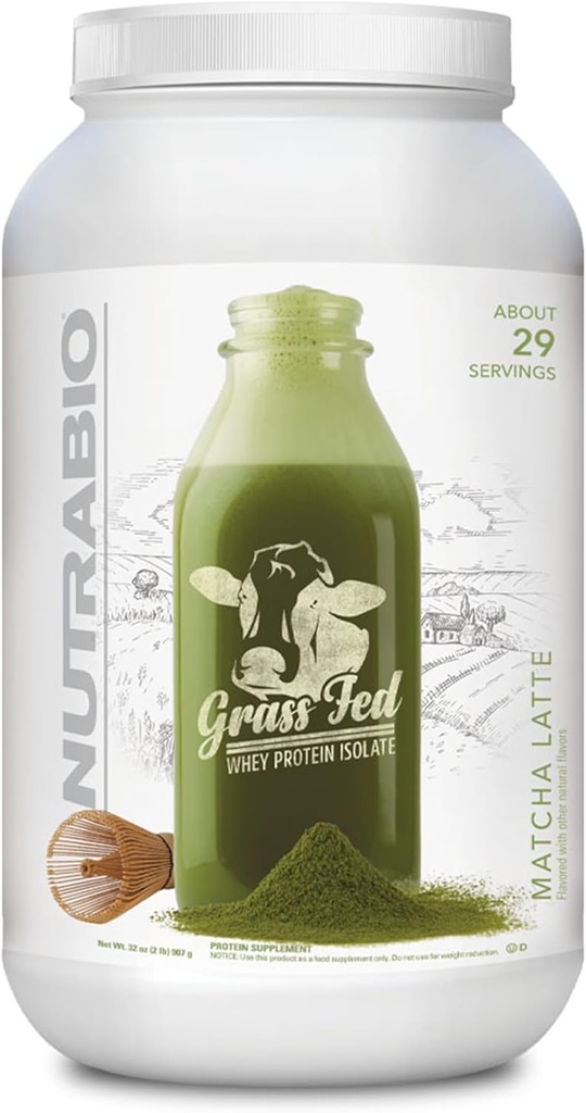 NutraBio Grass Fed Whey Isolate Protein Powder - 25G Protein Per Scoop - Sugar Free Natural Lean Muscle Protein Supplement - Matcha Latte - 2 Pfund, 29 Portionen