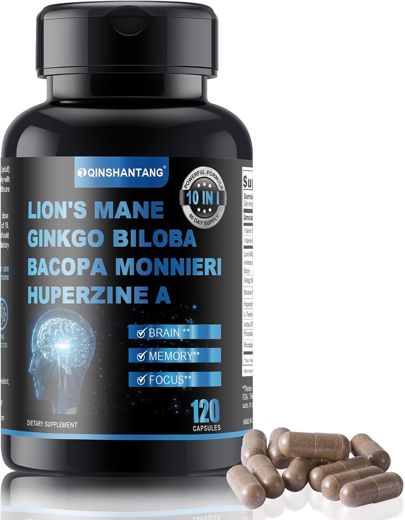 Leone's Mane Supplement Capsules & Bacopa Monnieri-120 Capsules Lion's Mane Mushroom Blend, 10 in 1 per la Memoria, il Focus e il supporto del cervello