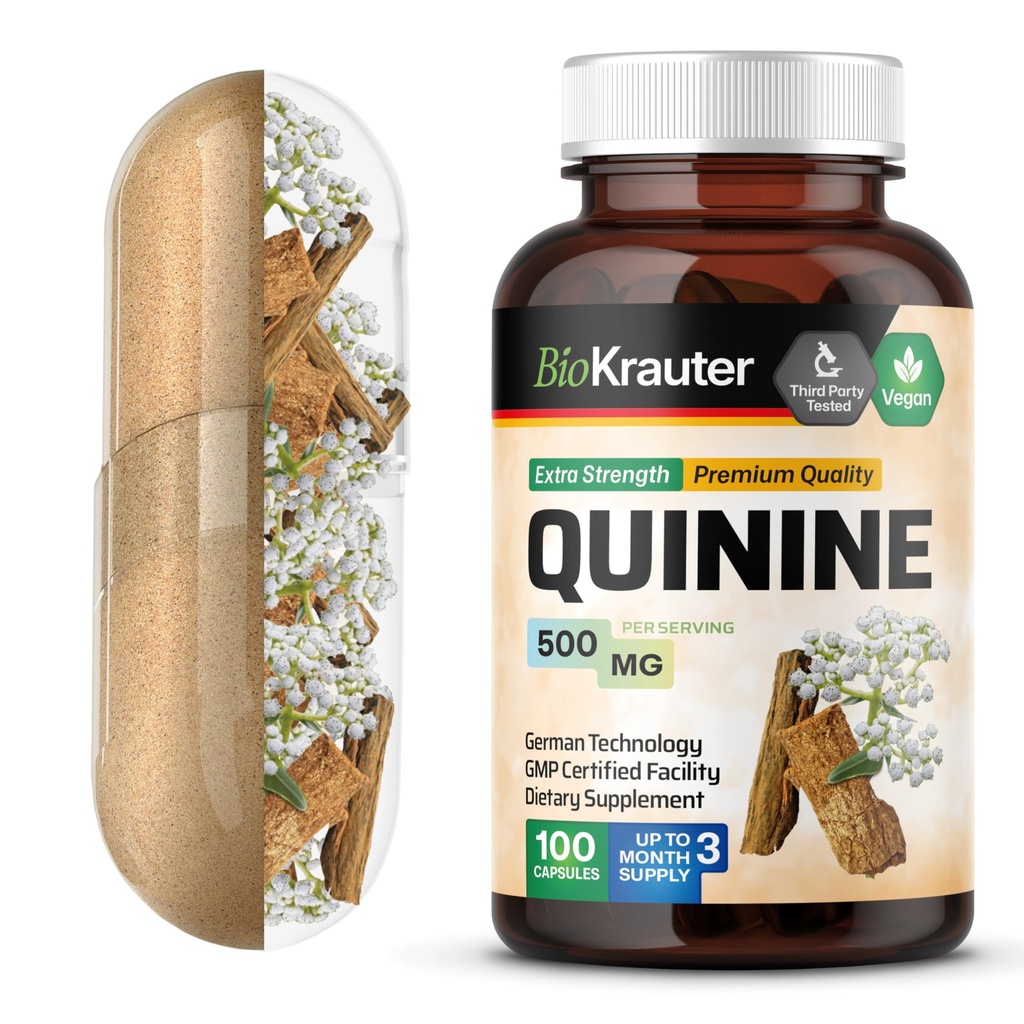 BIO KRAUTER Quinino per Gambe Capsule 500 mg - 100 Conte - Polvere di corteccia di Cinchona - Capsule Quinine - Vegan, Nessun Filler