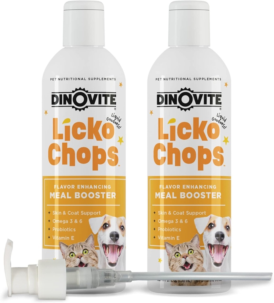 Dinovite Lickochops per Dog & Cat supplemento potenziato con Omega-6, 3 acidi grassi, probiotici e vitamina E, 16 oz con pompa