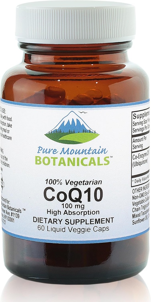 Pure Mountain Botanicals Coq10 100mg Softgels - 60 Capsules Vegan Kosher avec Ubiqunone Coenzyme Q10 Supplément
