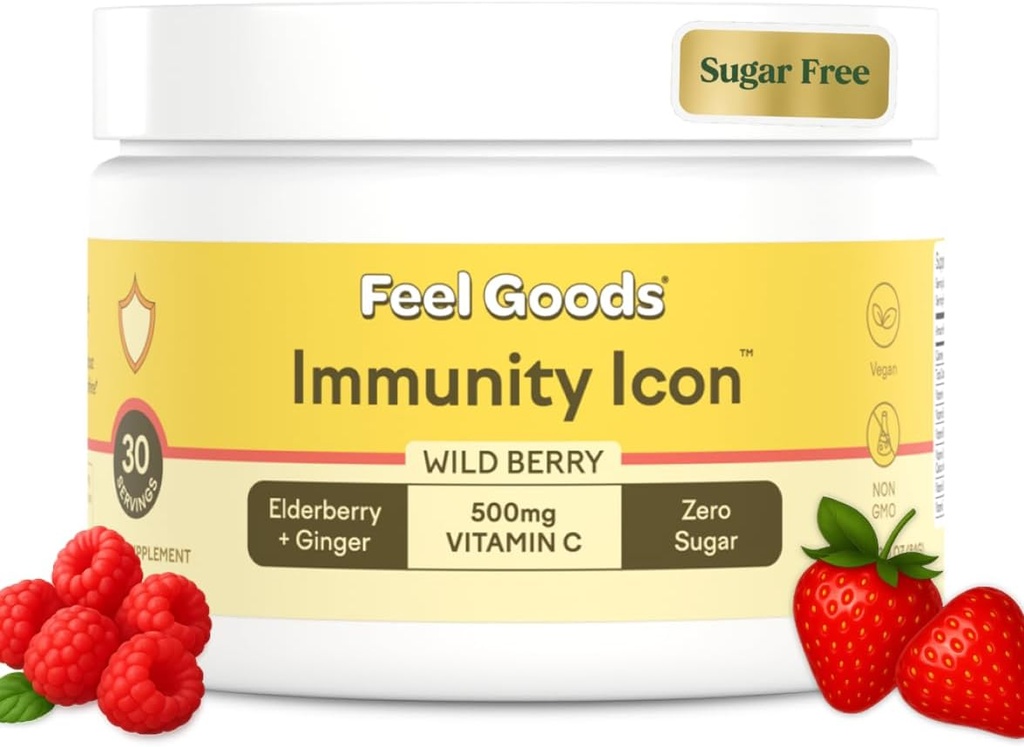 Feel Goods Immunität Icon, Zero Sugar, Vitamin C, A, B, D, E & Zink, Organic Elderberry, Ashwagandha, Drink Mix Powder, Vegan, Non GMO, Koffein & Gluten Free | Wild Berry, 30 Servierungen