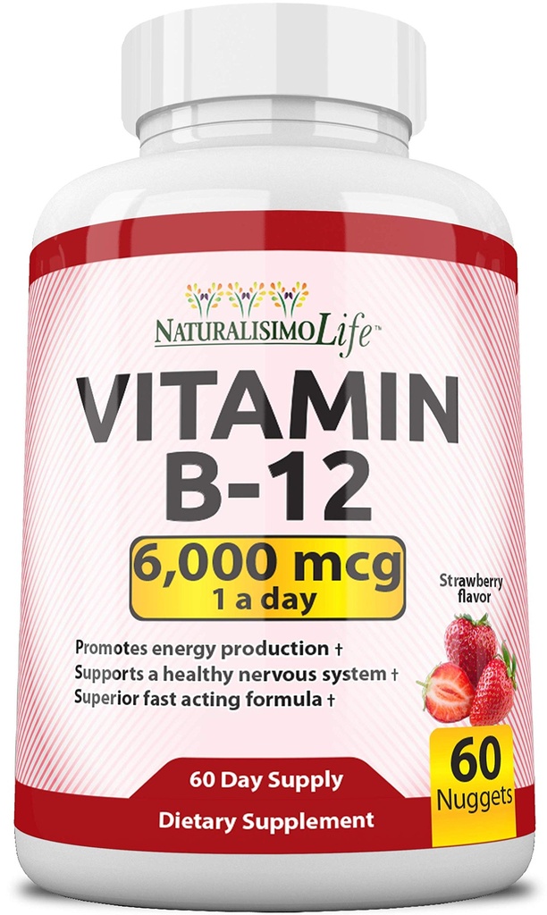 NaturalisimoLife Vitamin B12 6.000 mcg – Schnell auflösen Erdbeeren Flavor Nuggets – 60 Nuggets, Non-GMO, Vegan, Glutenfrei