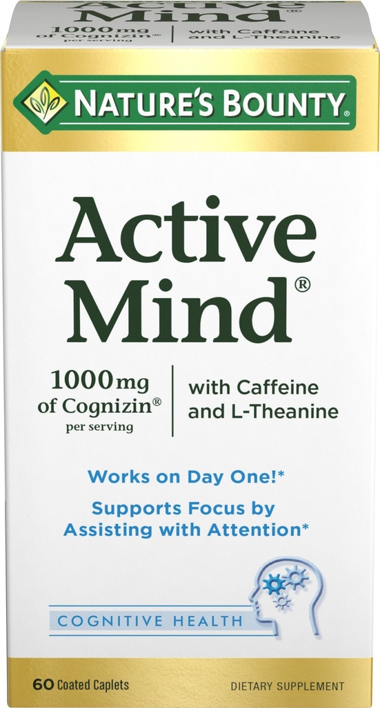 Nature's Bounty Active Mind Nahrungsergänzung, unterstützt Fokus und Aufmerksamkeit, 1000 mg Cognizin mit L-Theanin und Koffein Pillen, 60 Caplets