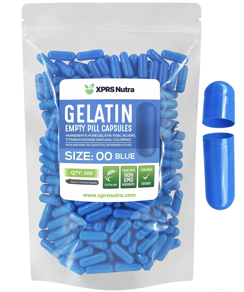 XPRS Nutra Size 00 Empty Capsules - 500 Count Empty Gelatin Capsule - Pillole DIY Capsule Filling - Fillable Pill Gel Caps per Do-It-Yourself Supplements (Blue)