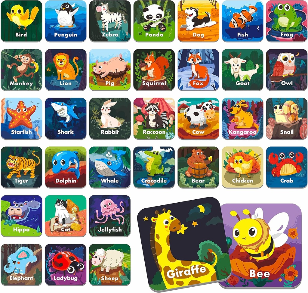 Hebayy 36 Coppia Animal Matching Memoria Gioco Flash Cards for Toddlers, Preschool, Kindergarten e Home. Erasable, Divertimento & Veloce, Viaggio amichevole, Abilità Building. Dimensioni 2” x 2” (5 x 5 cm)