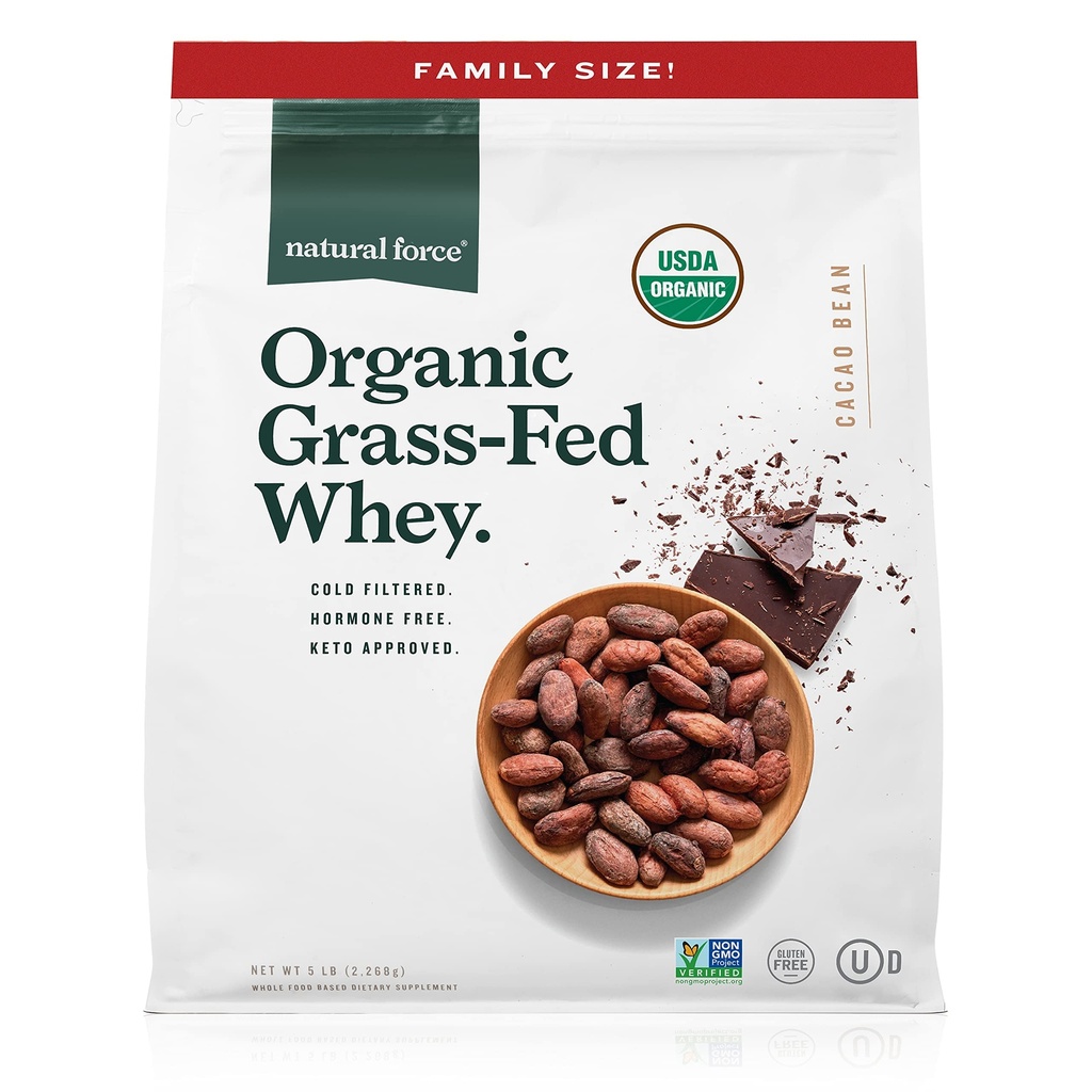 Natural Force Whey Protein Powder – Schokolade, 5 lbs – Gras Fed Organic, Pure, Keto & Paleo Friendly, Low Carb, Kosher, Non GMO – Family Size A2 Protein