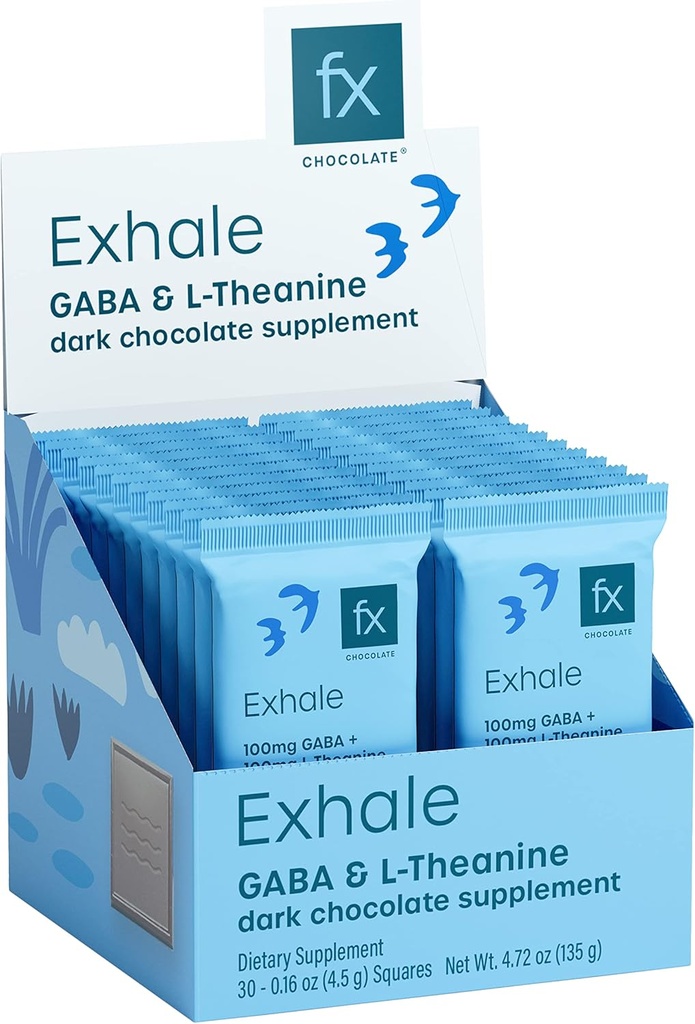 Fx Chocolate Exhale - Relaxing Chocolate Supplement to Support Calm + Stress Response - Sugar Free Cacao with 100mg GABA + 100mg L-Theanine - Keto Dark Chocolate - Vegan + Non-GMO (30 Pieces)