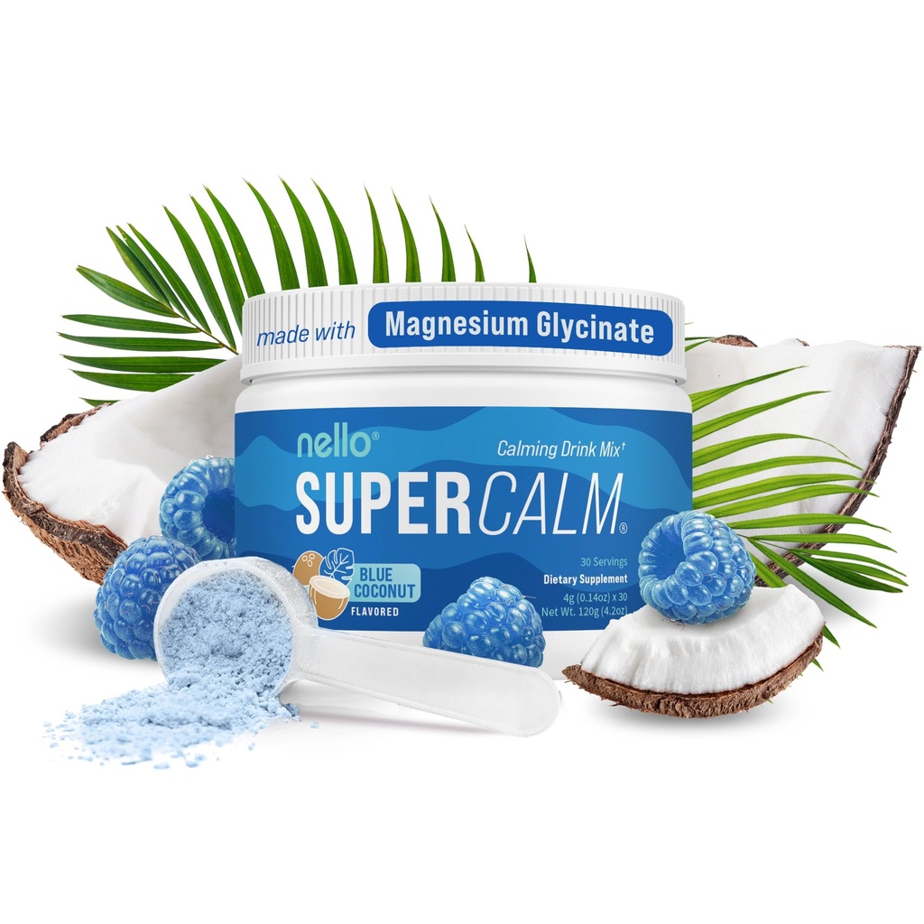 Nello Supercalm Powdered Drink Mix, Blue Coconut, L Theanine, Ksm-66 Ashwagandha, Magnesium Glycinate, Vitamin D 3, Nahrungsergänzungsmittel für Entspannung & Fokus, kein Zucker, Non GMO, On The Go, 30 Srvgs