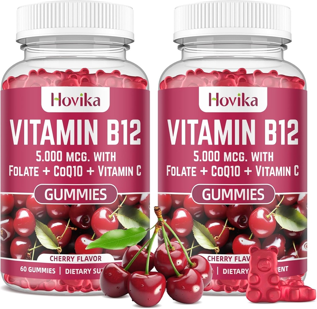 Vitamine B12 Complexe 5000 mcg Méthyl B12, Adénosyl B12 & Hydroxy B12, avec Coenzyme Q10, Folate, Vitamine C, Chewable B 12 pour le soutien énergétique, Métabolisme, Bone Health - Cherry Flavor, 2 Pack