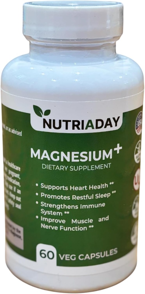 Magnesio Plus Supplemento - Magnesio Complesso per Rilievo di Stress, Salute Del Cuore, Supporto Del Sonno, Boost Immune, Muscolo & Nerve Aid - Polvere di Glicinato di Magnesio Pure 60 capsule di Veg
