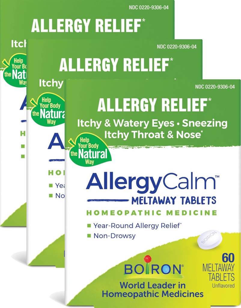 Boiron AllergyCalm Comprimés 180 Compte, soulagement des allergies et de la fièvre du foin Symptômes d'éternuement, de nez runny, d'yeux démangeaisons ou de gorge, d'allergy calm Tabs (anciennement RhinAllergy) (paquet de 3 boîtes 60ct)