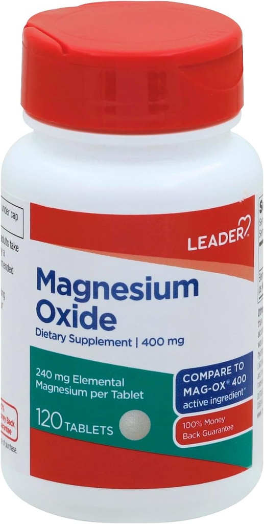 Leader Oxyde de magnésium 400mg, aide les os et les crampes musculaires, faible supplément de comprimés diététiques, 120 Compte