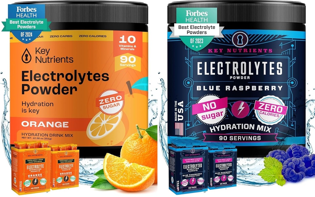 KEY NUTRIENTs Multivitamin Electrolytes Powder Bundle - Tangy Orange & Sweet Blue Raspberry - No Sugar, No Calorie - Idratazione, Endurance, and Energy Supplement - 90 Serve Ognuno - Made in Italy