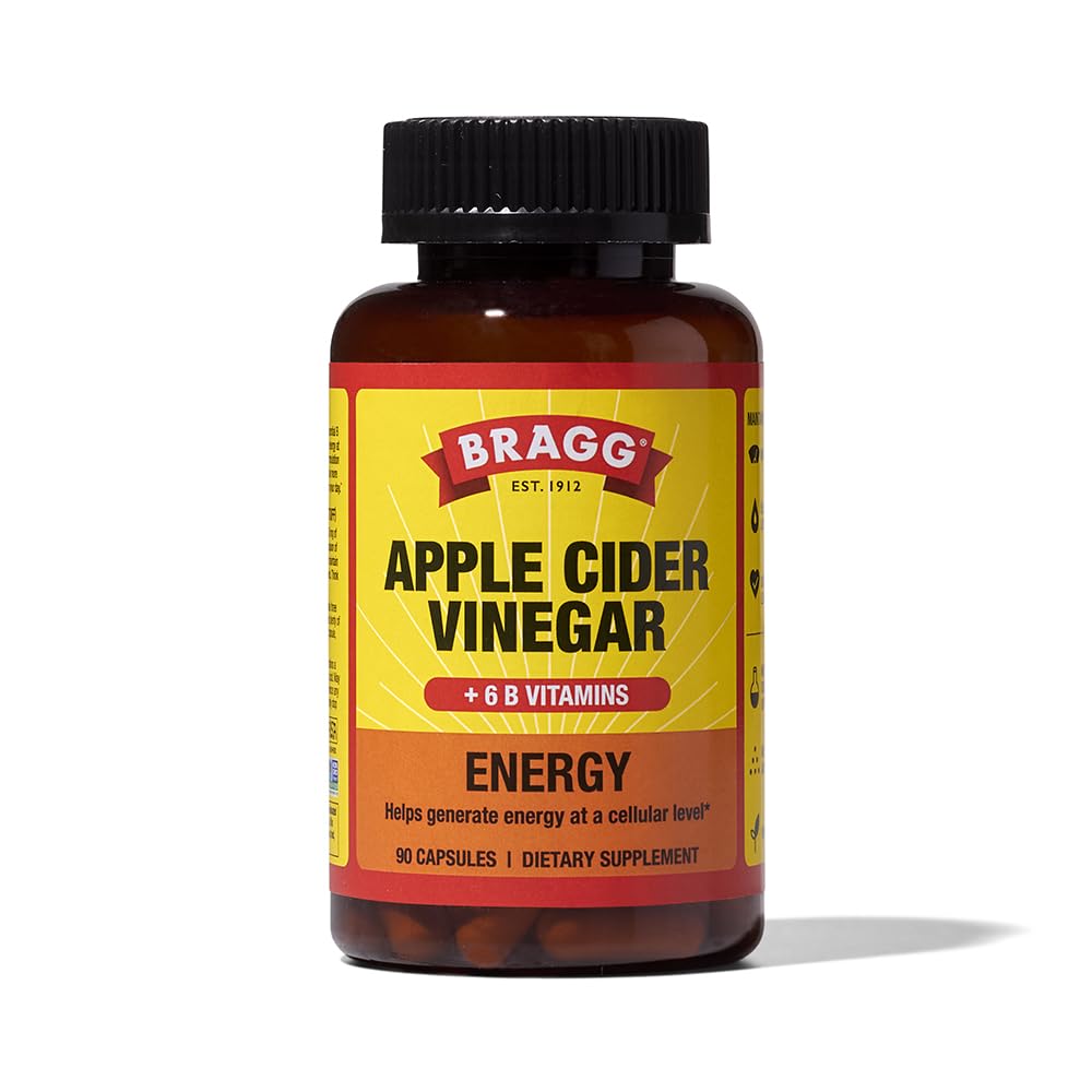 Bragg Energy Capsules de vinaigre de cidre de pomme avec des vitamines B-12 - 90 capsules - Gestion du poids - Non-OGM, végétalien, sans gluten, sans sucre - Aide à générer de l'énergie au niveau cellulaire pour les hommes et les femmes