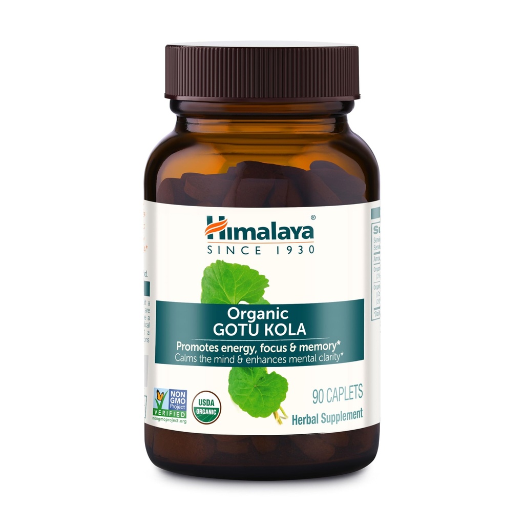 Himalaya Organic Gotu Kola, 45 giorni di alimentazione - Herbal Nootropic Supplement con Adaptogens for Energy, Focus, Memory, and Calming Relaxation - Vegan, Non-OGM, Gluten Free, 650 mg, 90 Caplets