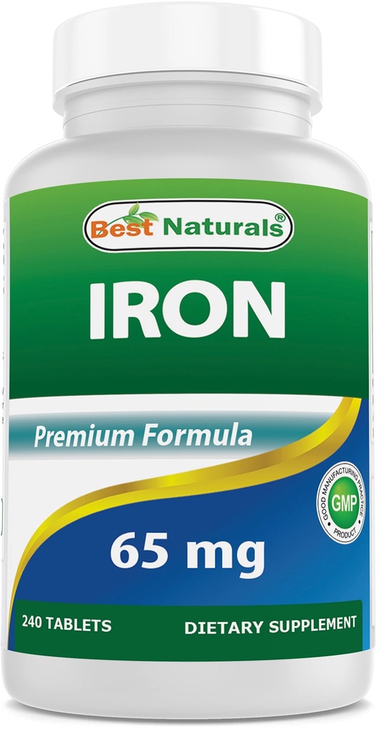 Meilleur supplément de fer naturel - 65 mg - 240 comprimés - Sans OGM et sans gluten