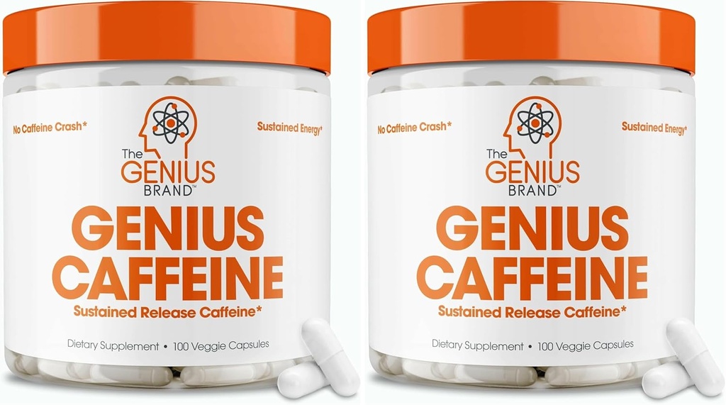 Pillole di caffeina Genius 100mg, Extended-Release Microincapsulated Pillole di caffeina - All-Natural Non-Crash Sustain Energy, Focus & Concentration Supplement - Booster cervello Nootropic - 100 Capsule