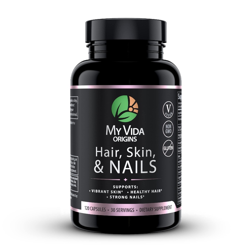 My Vida Origins Hair Skin and Nails | Capelli spessi, Unghie più forti, Pelle vibrante | Supporta la bellezza naturale | Zinco, Biotina, Vitamina E | Vegan 120 Capsule 1 Mese di Alimentazione