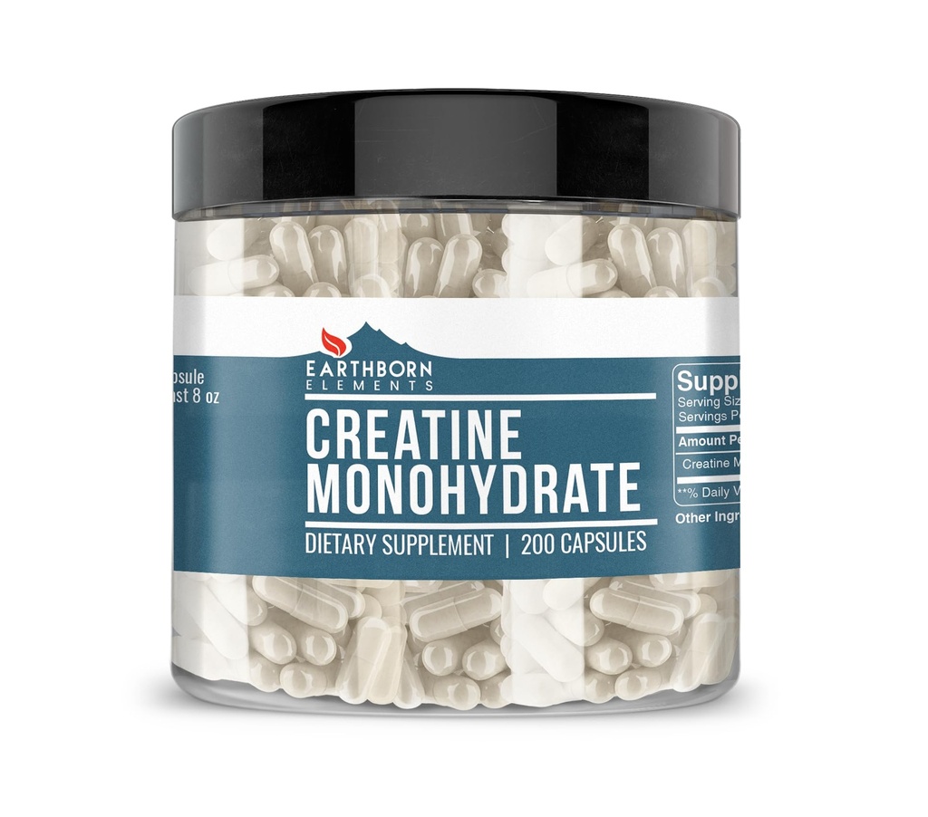 Éléments terriens Créatine monohydraté 200 capsules, pures et non diluées, sans additifs