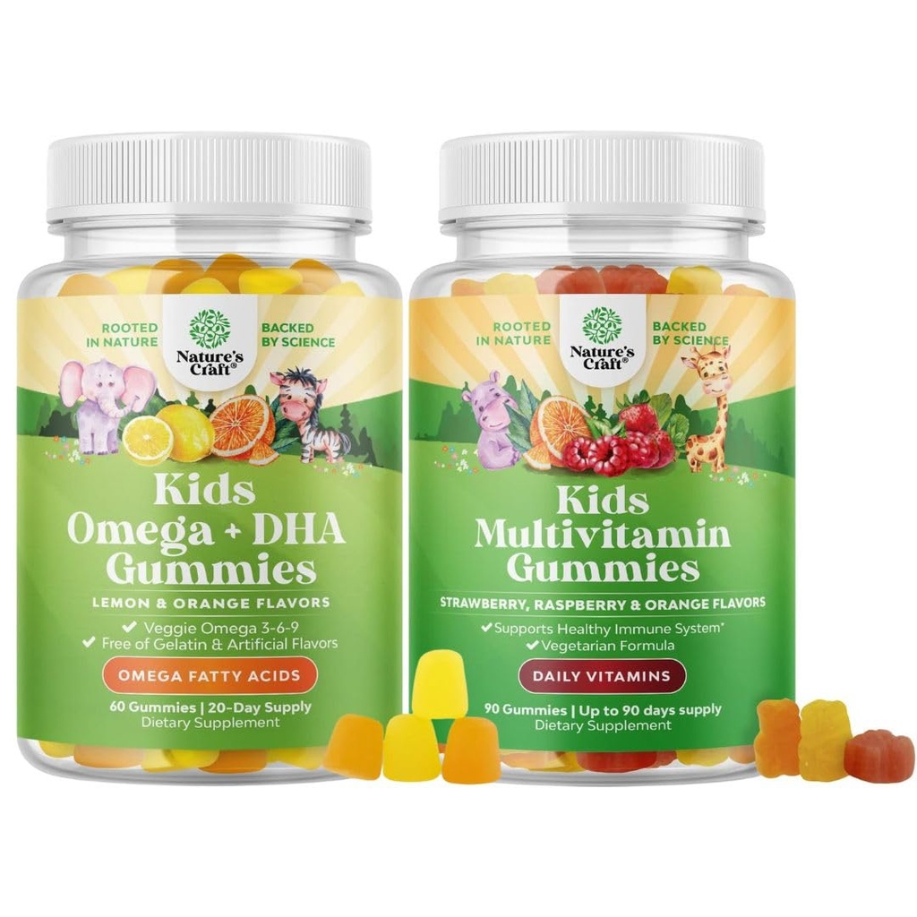 Bundle of Kids Gummies - DHA Fettsäuren Omega 3 6 9 für Gehirn, Immunstärke & Vision und Multivitamin für Immununterstützung mit Vitaminen A, C, D3, E, B6 & B12, Zink & Jod