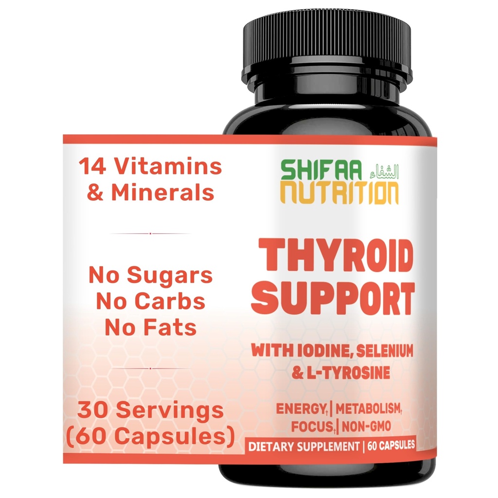 SHIFAA NUTRITION Supporto della tiroide Halal 30 Serve | Supplemento non OGM w/ B12, Iodio, Selenio, L-Tyrosina | Supporti Energia, Metabolismo, Focus, Clarity, Cortisol Balance