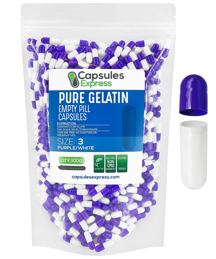 XPRS Nutra Größe 3 Leere Kapseln - 1000 Graf Leere Gelatine Kapseln - Pillen DIY Kapsel Füllung - Pure Bovine Pille Gel Kapseln füllbar für Do-It-Yourself Vitamine und Ergänzungen (Purple/White)
