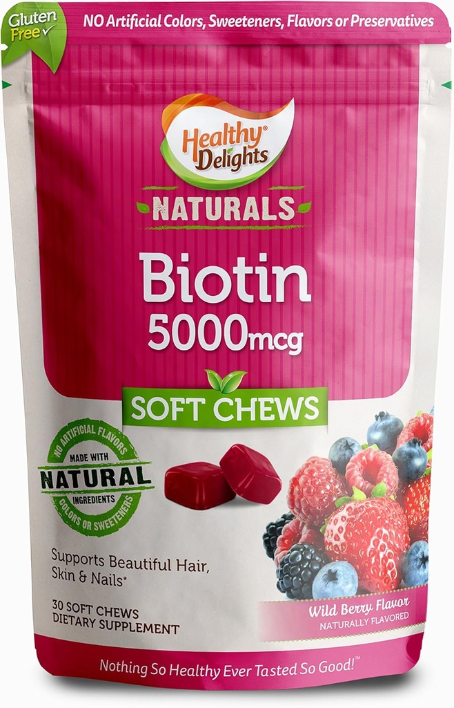 Gesunde Delights Naturals, Biotin Soft Chews, unterstützt Lustrous Haar, Glowing Skin & Starke Nägel, Köstliche Wildbeeren Flavor, 30 Count
