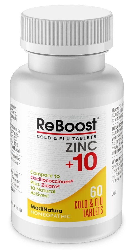 MediNatura ReBoost Zinc +10 MAX Cold & Flu Symptom Relief Fast-Acting, Non-Drowsy Natural Soothing Aiuta omeopatici Alleviare Discomfort intero corpo, Tosse, Fatigue, Congestione - Limone - 60 compresse