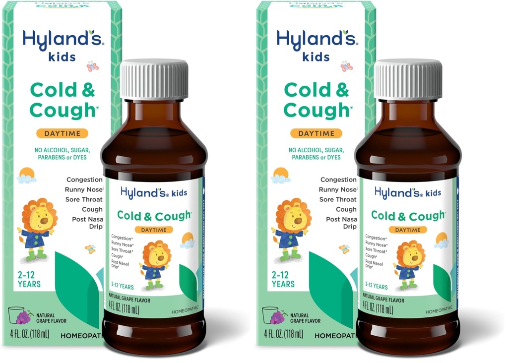 Hyland's Naturals Kids Cold & Cough, Daytime Grape Flavor Cough Syrup Medicine for Kids Ages 2+, Decongestant, Sore Throat & Allergy Relief, Trattamento naturale per sintomi freddi comuni, 4 Fl Oz
