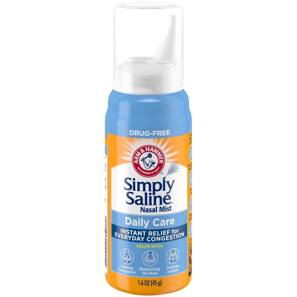 ARM & HAMMER Simply Saline Daily Care Nasal Mist, Spray Saline Non-Drowsy sans drogue pour la congestion nasale instantanée et le soulagement de l'allergie, utilisation aussi souvent que nécessaire, approprié à utiliser si enceinte, 1,6 oz