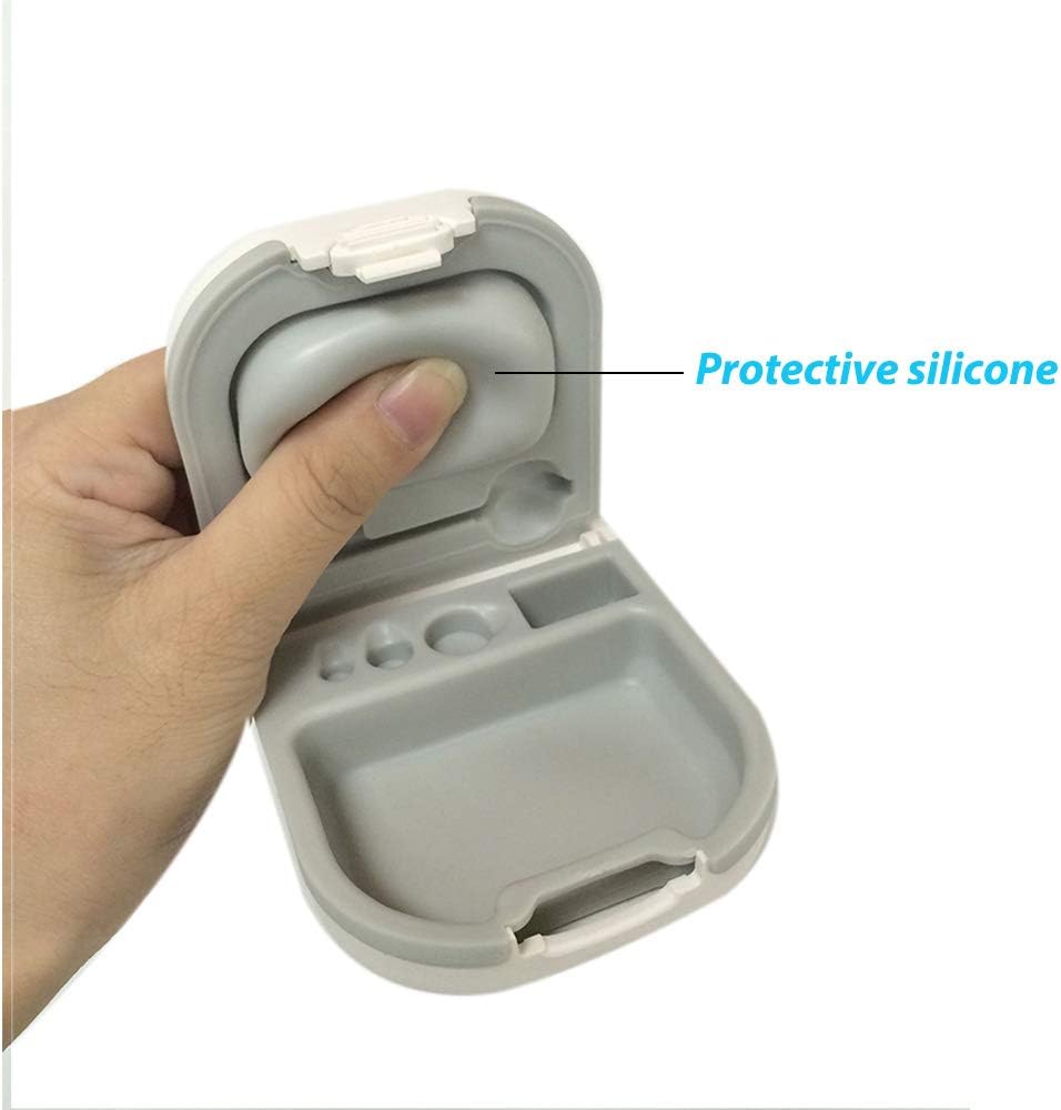 Cas d'aide auditive avec fente d'entreposage de batterie Dur Petit 0,59"*2,44"*1,57", Coussin Silicone, pour les aides auditives ITE, BTE (Blanc)