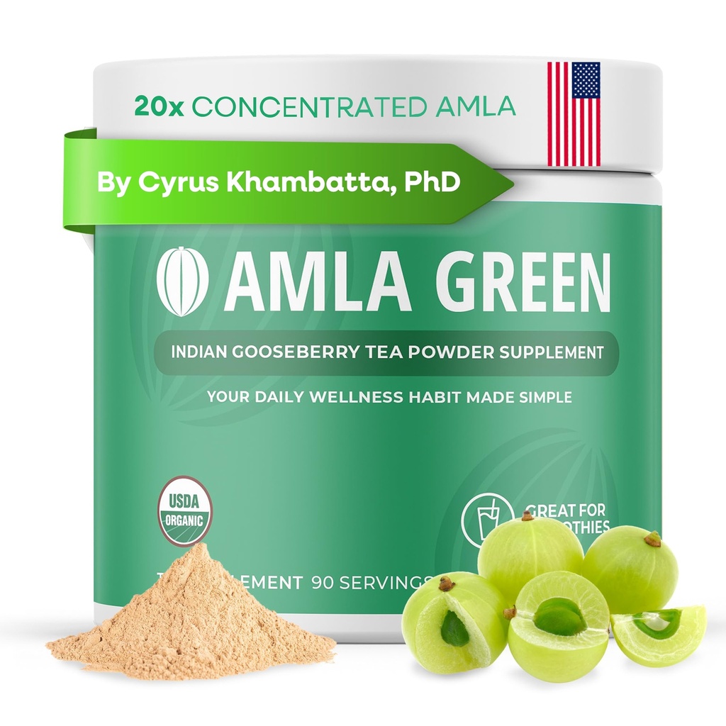 Amla Powder & Green Tea Superfood Supplement, 20x Ultra Concentrated Amla, Antioxidant-Unterstützung, Hergestellt mit Oolong Tee und indischen Stachelbeeren, Bio, Vegan, Klassischer Geschmack, 90 Servierungen