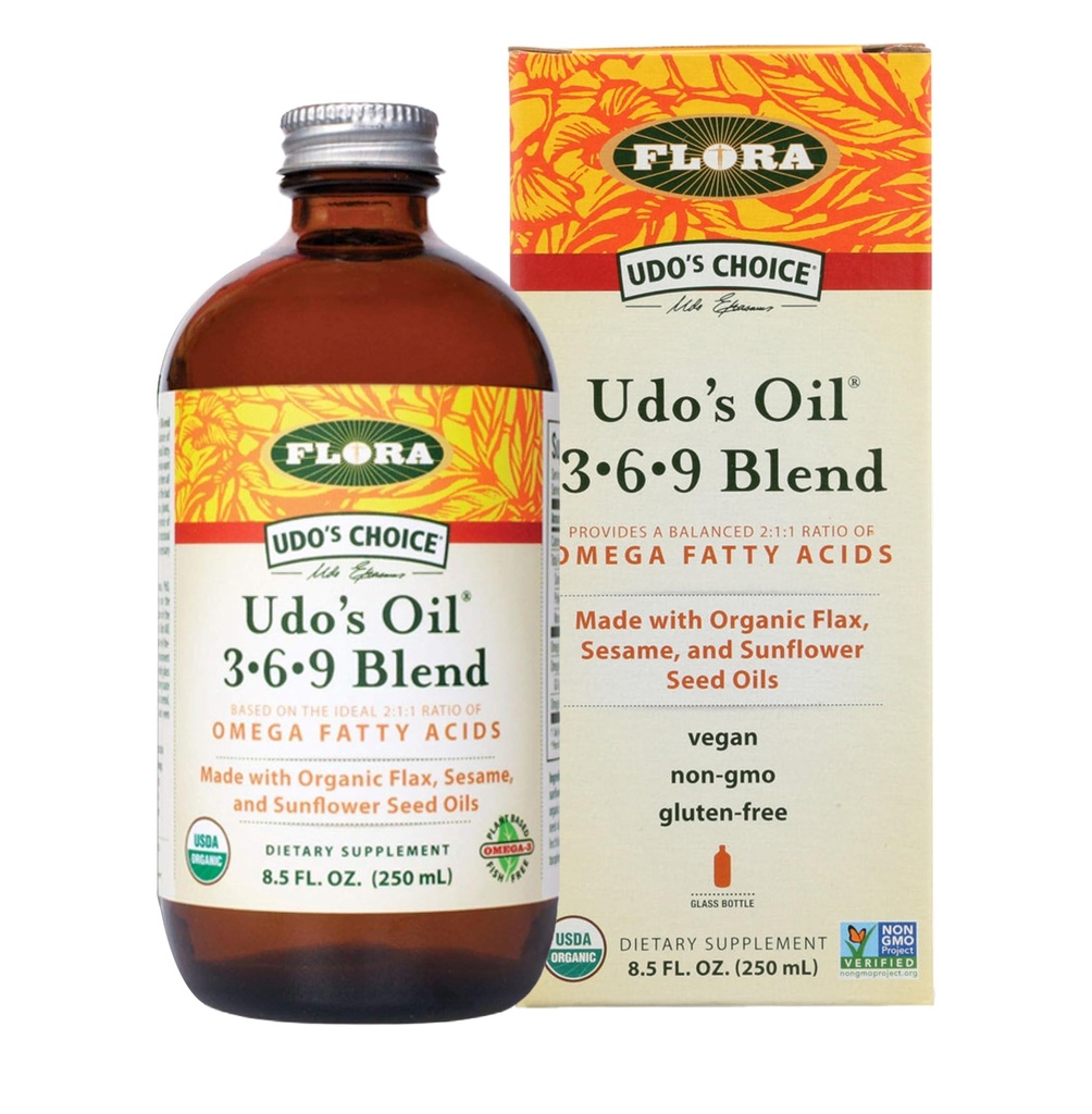 Flora - Udo's Choice Omega 369 miscela di olio, fatta con lino organico, olio di semi di semi di sesamo e girasole, acidi grassi vegani vegani basati su ideale 2:1:1 Ratio, 8.5-fl. oz. Bottiglia di vetro
